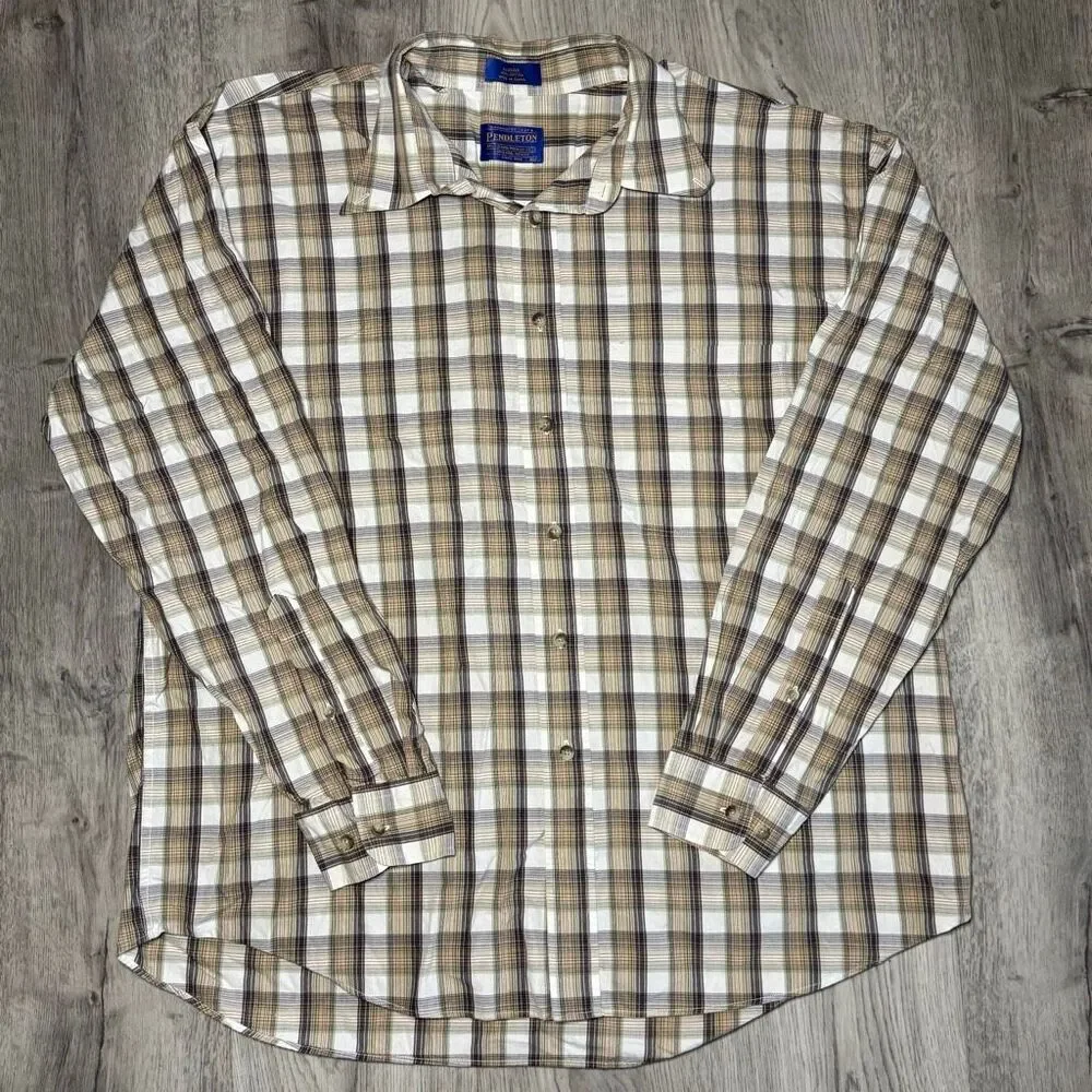 Pendleton Shirt Mens XL Brown Tan Plaid Long Sleeve Button Down Casual